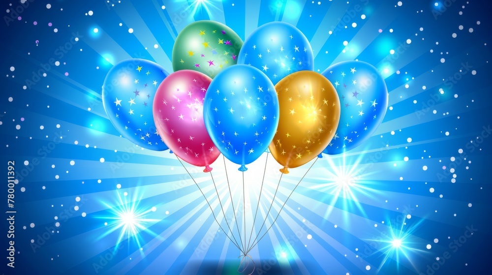 A vibrant illustration depicting a bouquet of balloons in various colors and patterns, creating a festive