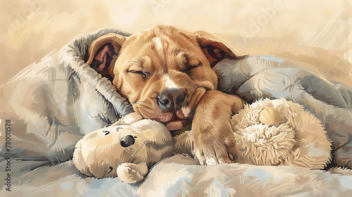 A charming Pitbull puppy curled up in a cozy bed, its eyes drooping sleepily as it snuggles into a soft blanket