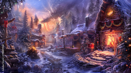 A festive illustration featuring a cozy cabin nestled in the woods, with smoke curling from the