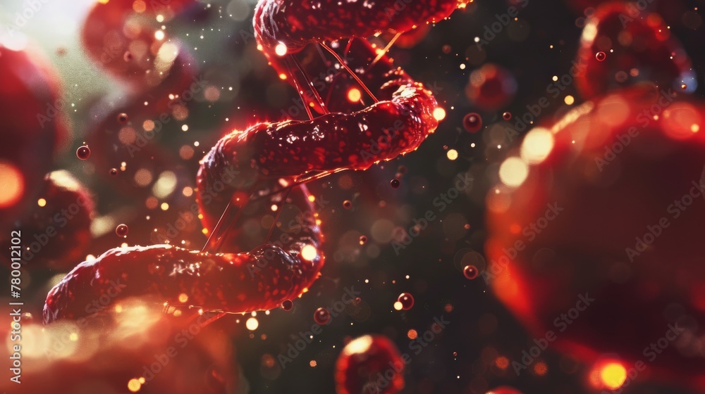 A vivid micrograph-inspired image capturing the intricate dance of DNA strands among vibrant red blood cells, symbolizing the essence of life and biology