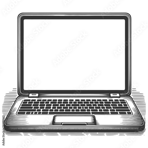 Open laptop computer, showcasing the classic design elements of early portable computers sketch engraving generative ai vector illustration. Scratch board imitation. Black and white image.