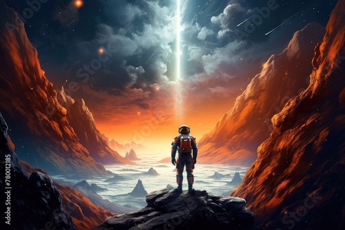 An astronaut stands on top of a mountain of an orange planet. The sky is strewn with stars, and a ray of light falls on them. The astronaut is dressed in a spacesuit and looks into the distance. photo