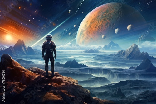 An astronaut stands on a mountain overlooking a vast alien landscape. The sky is filled with stars and planets. A shooting star is visible in the sky.
