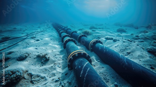 Undersea internet cables. Submarine communications cable. Underwater view of parallel pipelines stretching into the distance along a sandy ocean floor, technological advances in marine engineering