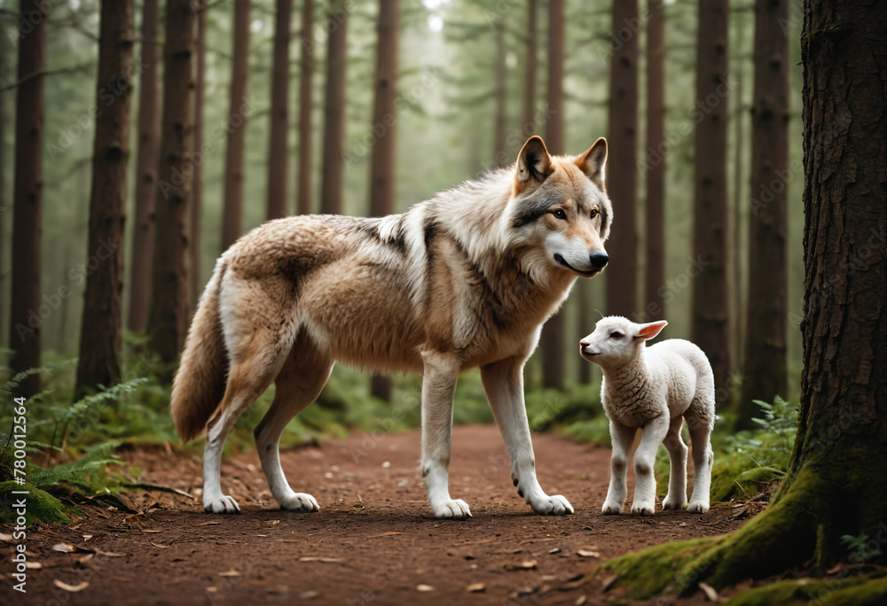 Wolf and Lamb in Forest. Generative AI Wolf and Lamb in Forest. Generative AI
