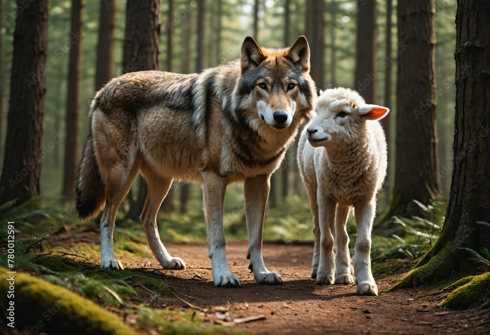 Wolf and Lamb in Forest. Generative AI Wolf and Lamb in Forest. Generative AI