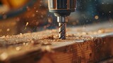 Drill bit penetrating wood with sparks and debris. Close-up industrial workshop