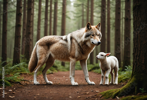 Wolf and Lamb in Forest. Ge...