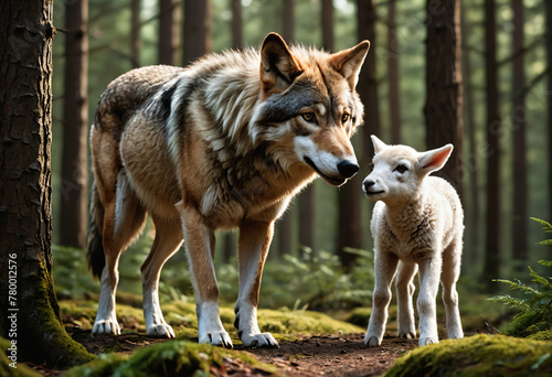Wolf and Lamb in Forest. Generative AI © Sergey Ilin