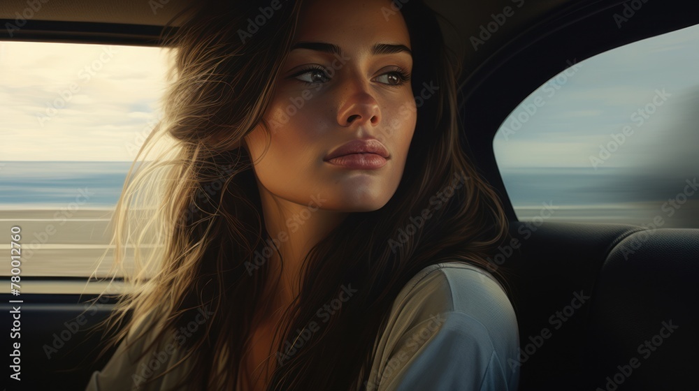 A woman with long hair sits in the back seat of a car and looks out the window against the backdrop of the ocean.