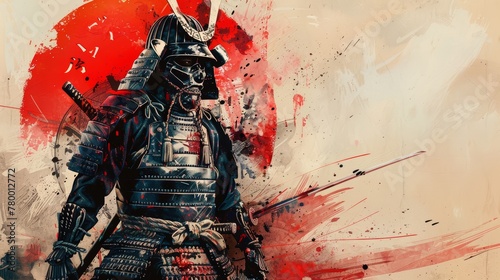 Samurai warrior in full armor with splattered red backdrop. photo