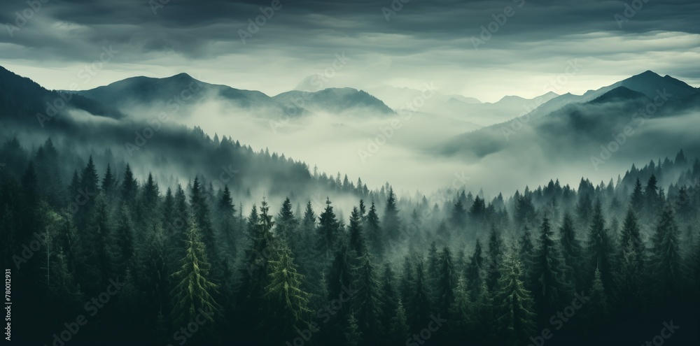 Misty Forest Landscape: Aerial View of Dark Green Pine Trees in a Serene Mountainous Region