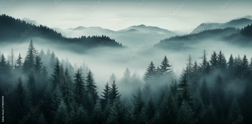 Misty Forest Landscape: Aerial View of Dark Green Pine Trees in a Serene Mountainous Region