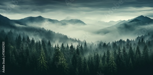 Misty Forest Landscape: Aerial View of Dark Green Pine Trees in a Serene Mountainous Region © ekhtiar