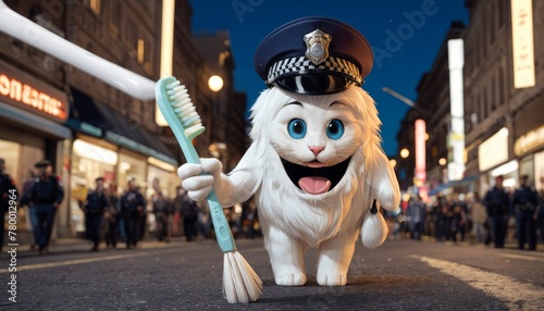 A cartoon cat dressed as a police officer confidently strides through a city street at dusk, holding a giant toothbrush