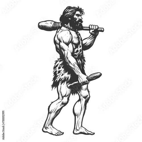 muscular caveman carrying a large club over his shoulder sketch engraving generative ai fictional character vector illustration. Scratch board imitation. Black and white image.