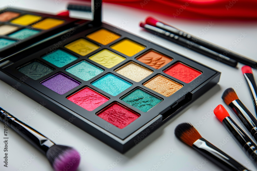 A palette of makeup with a brush on top of it A palette of makeup with a brush on top of it