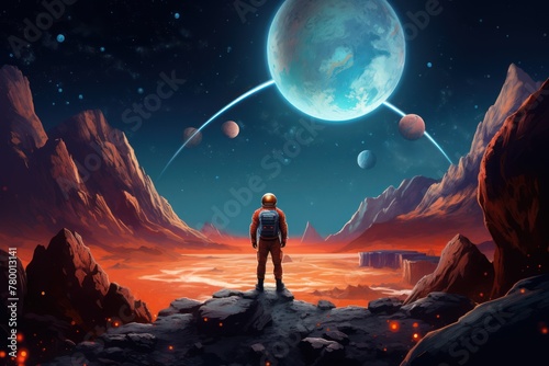 An astronaut stands on a rocky ledge and looks at a distant planet. The planet has three satellites, one of which is large and visible above the horizon.