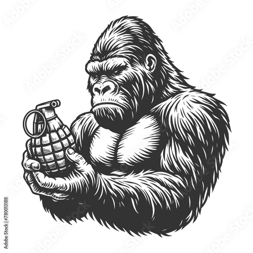 gorilla with grenade, blending wildlife with human conflict themes sketch engraving generative ai fictional character vector illustration. Scratch board imitation. Black and white image.