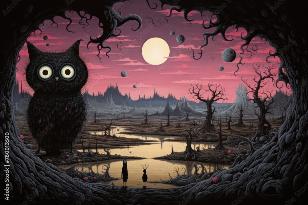 Fototapeta premium An owl looks at two figures in a dark, barren landscape. The sky is pinkish-red, the moon is full. The landscape is filled with dead trees and the pond reflects the red sky.