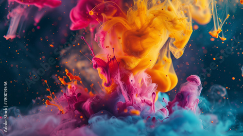 High speed shots of exploding paint, bright colours on dark backgrounds, the dynamism of abstract art, freeze-frames of chaos and beauty