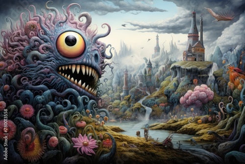 A monster with pink hair and yellow teeth looks at a fantastic landscape. The castle is located on a cliff, and a river flows in the foreground. A bird of prey flies overhead. photo