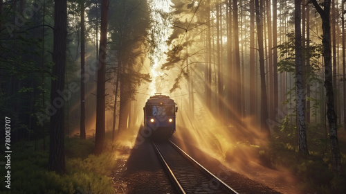 Scandinavian train emerges from mist at sunrise. photo