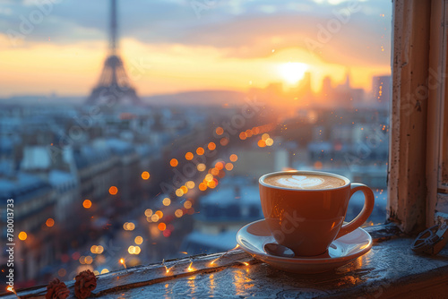 Elegant cup of cappuccino in a cozy cafe with a scenic view of Paris, golden hour, city lights