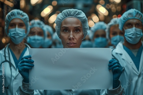 Mixed team of professionals men and women, in healthcare uniforms holding an empty placard, with their identities hidden