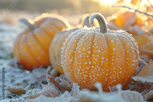 Serene beauty of pumpkins covered in morning frost, highlighting the intersection of fall and winter seasons.