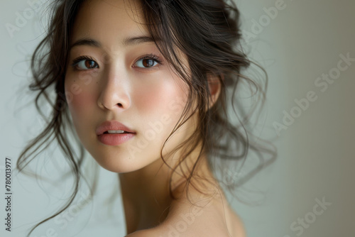 A delicate portrait of a young Asian woman, her soft gaze and tousled hair embodying grace and a subtle allure against a light neutral background