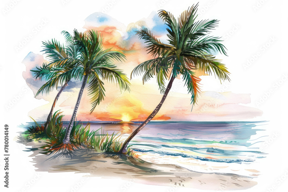 Isolated Watercolor Palm Trees on Beach with Sea Background, Sunset
