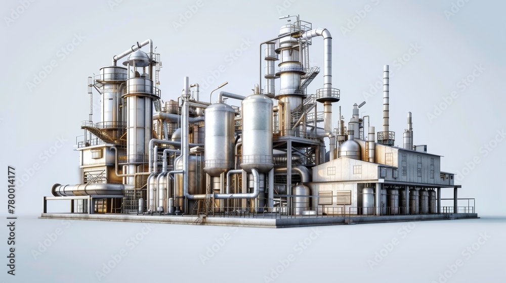 3D industrial rendering of a chemical plant with steel structures. Industrial design and engineering concept