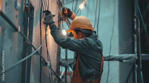 A skilled electrician installing wiring and electrical fixtures with precision and attention to safety standards at a construction site.