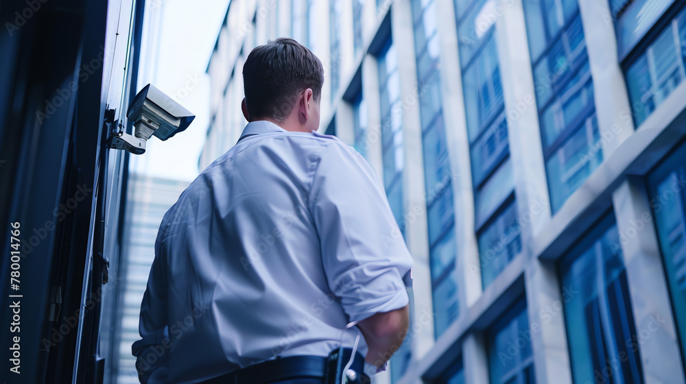 A vigilant security guard monitoring surveillance cameras and ensuring the safety and security of a commercial building. A vigilant security guard monitoring surveillance cameras and ensuring the safety and security of a commercial building.