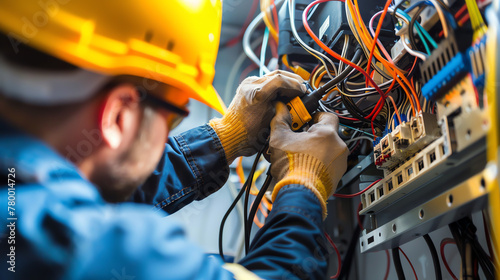 A skilled electrician installing wiring and electrical fixtures with precision and attention to safety standards at a construction site. photo