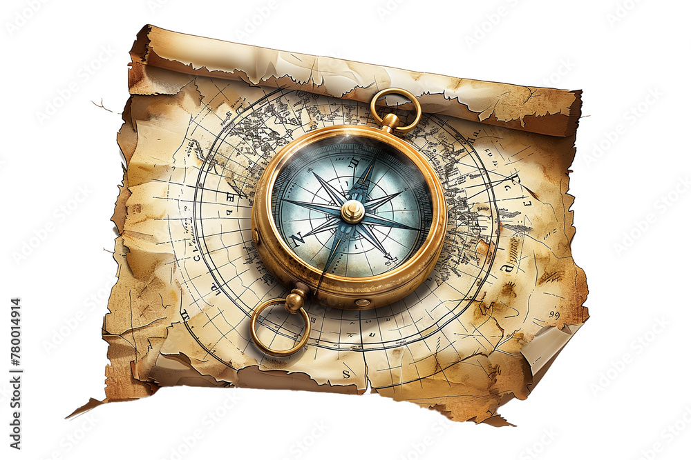 old compass and map illustration, treasure hunt, vector style ...