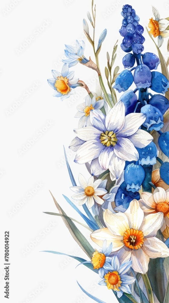 A bouquet of blue and white flowers on a white background, Spring flowers