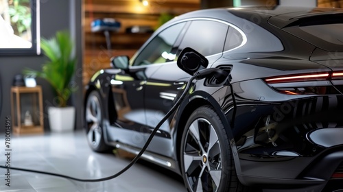 a modern electric car being charged in a stylish garage. © Jenia