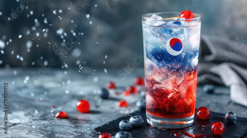 horizontal banner, National Foundation Day Korea, berry alcoholic cocktail decorated in the colors of the flag of Korea, copy space