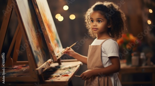 A girl with curly hair in an apron is standing in the artist's studio, looking away