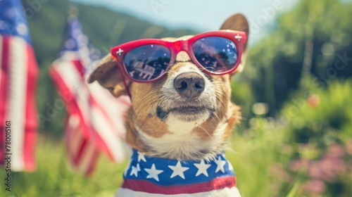 Dog wearing red sunglasses and American flag bandana with green nature background. Patriotic pet portrait © Andrey
