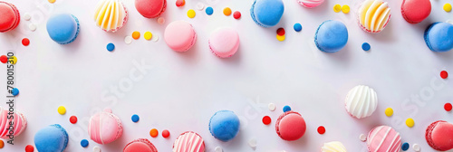 horizontal banner, National Foundation Day Korea, flag of Korea, national Korean sweets, macaroons on a light background, treats for children, top view, copy space, free space for text photo