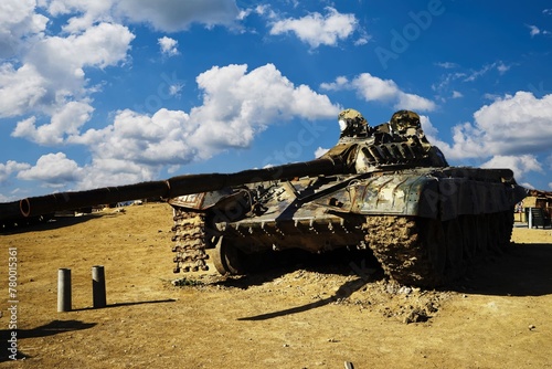 Damaged tanks, armored vehicles and equipment on the battlefield. military technics. Wide image for banners and advertisements.