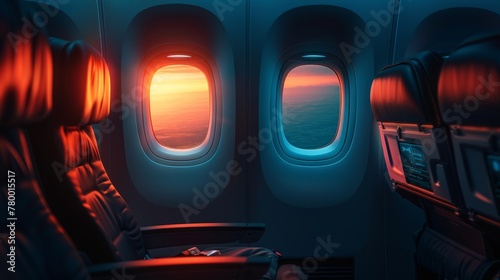 Airplane cabin seats with sunset view photo
