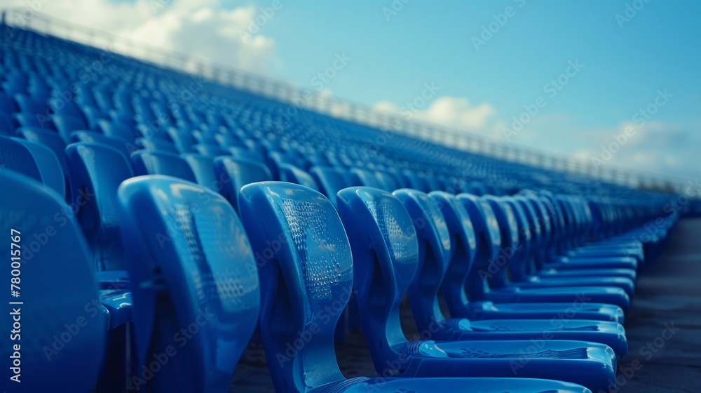 Fototapeta premium Rows of empty blue stadium seats in bright daylight