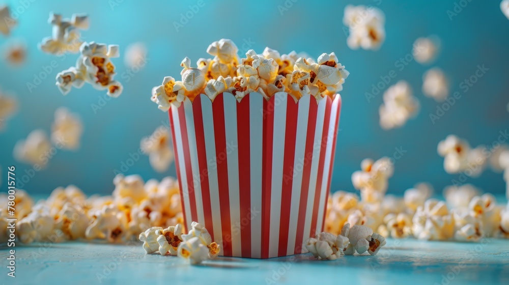 Bursting Popcorn Delight on a Striped Container Bursting Popcorn Delight on a Striped Container