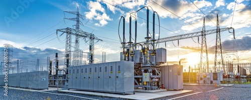 Electrical engineering infrastructure with high voltage equipment at a power station photo