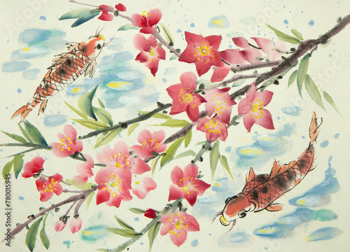 Two koi fish and a branch of blossoming peach