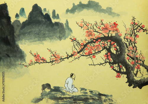 the poet admires a branch of a blossoming plum © hikolaj2